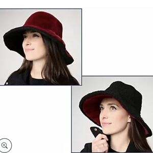 New Sprigs Reversible Bucket Hat Faux Fur Fleece Burgundy Red Black QVC Designer